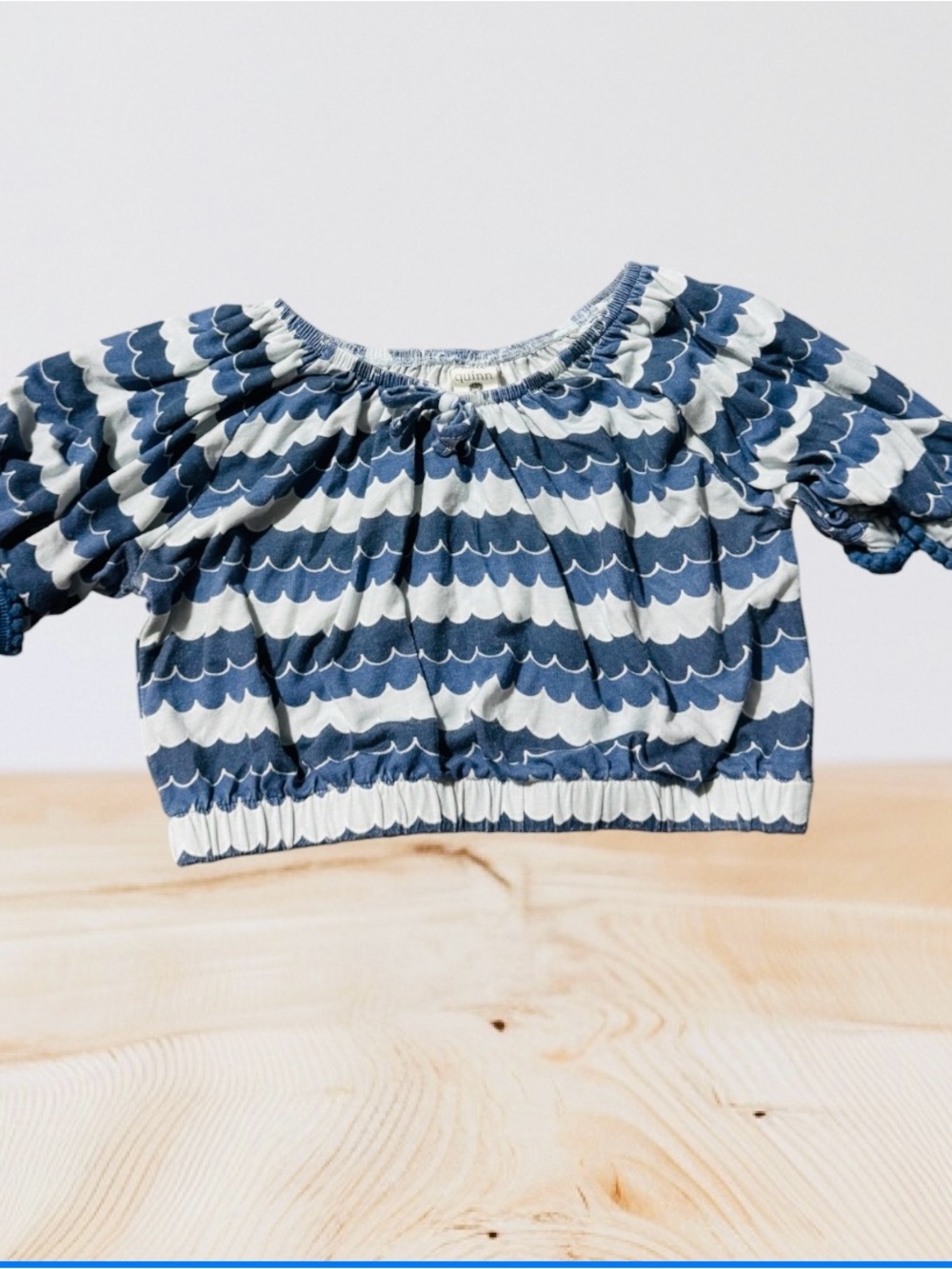 kate quinn Blue and White Scallop-Print Puff Sleeve Top